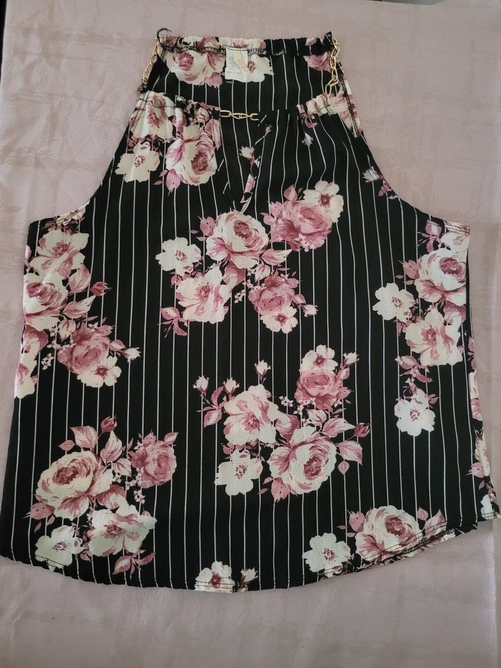 Floral Pinstripe Halter Blouse with Gold Chain Detail - Black & Pink